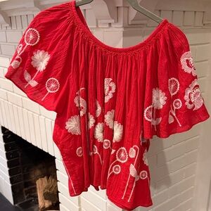 THE GREAT. Red Blouse with White Floral Embroidery